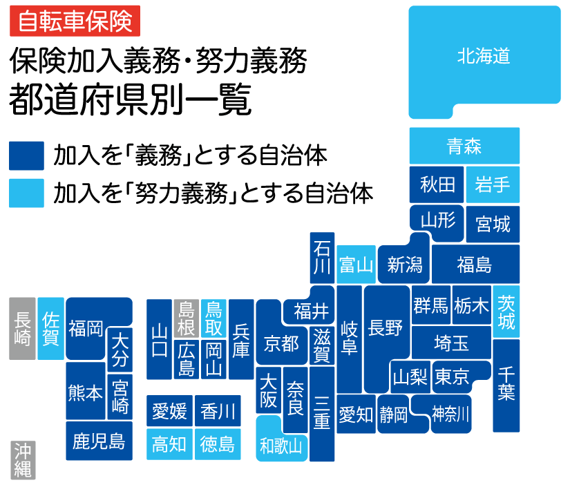 自転車保険 保険加入義務・努力義務 都道府県別一覧